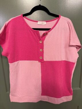 Lovely Melody Two-Tone Pink Block Knit Henley Top